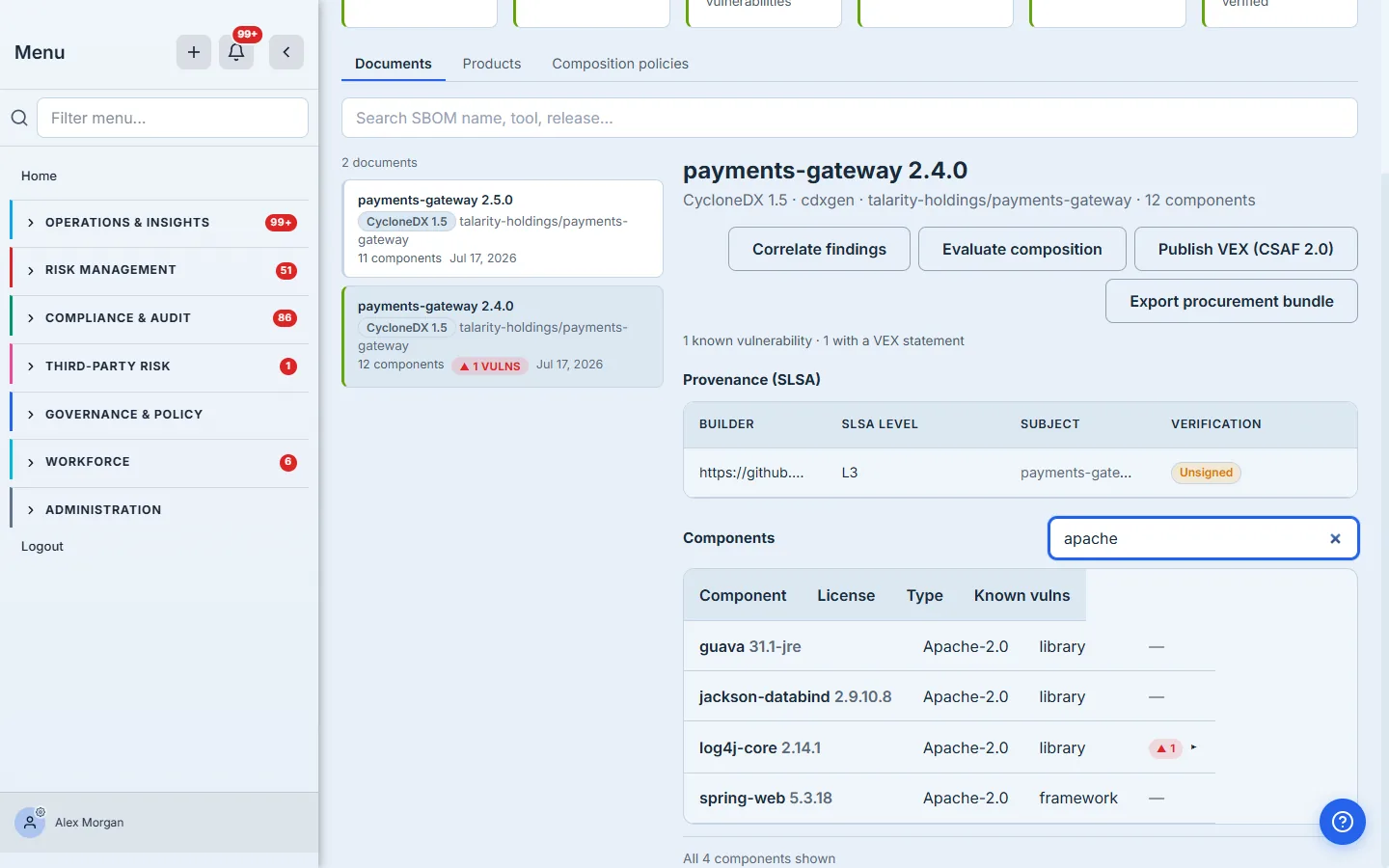 The component inventory filtered to the four Apache-2.0 components, each showing version, license, and type.