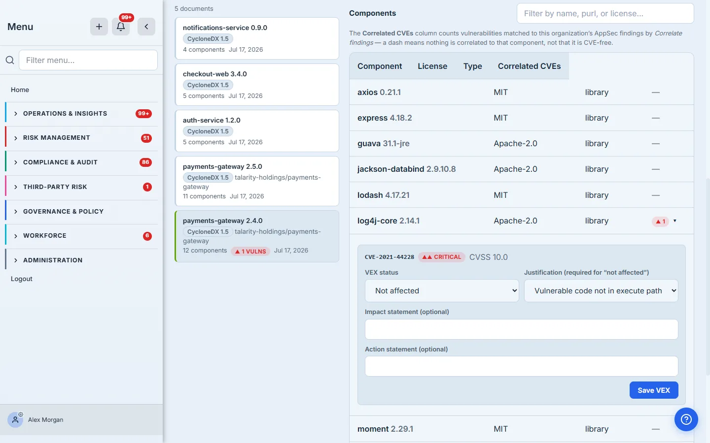 Expanding log4j-core reveals CVE-2021-44228 (Log4Shell), critical severity, CVSS 10.0, and an inline VEX editor.