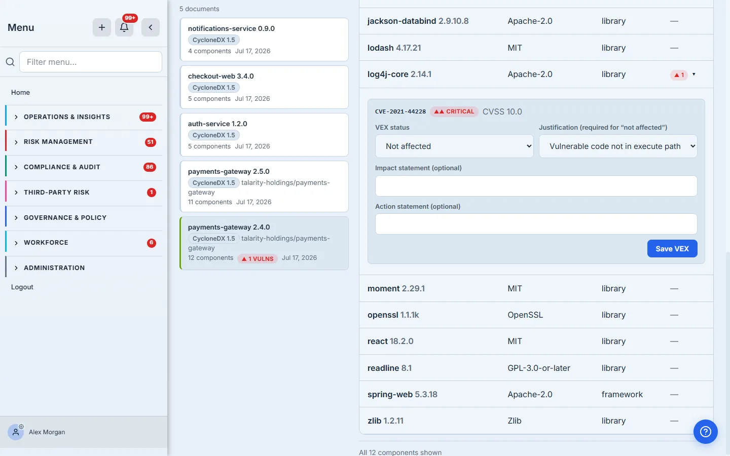 The inline VEX editor: status "Not affected", a required CSAF justification, and optional impact and action statements.
