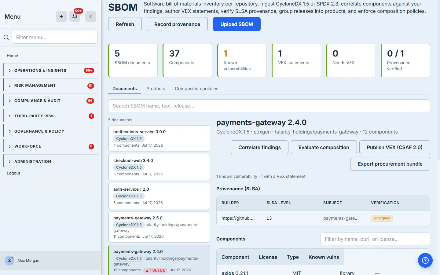 After authoring, the release shows one VEX statement and the Publish VEX (CSAF 2.0) action.