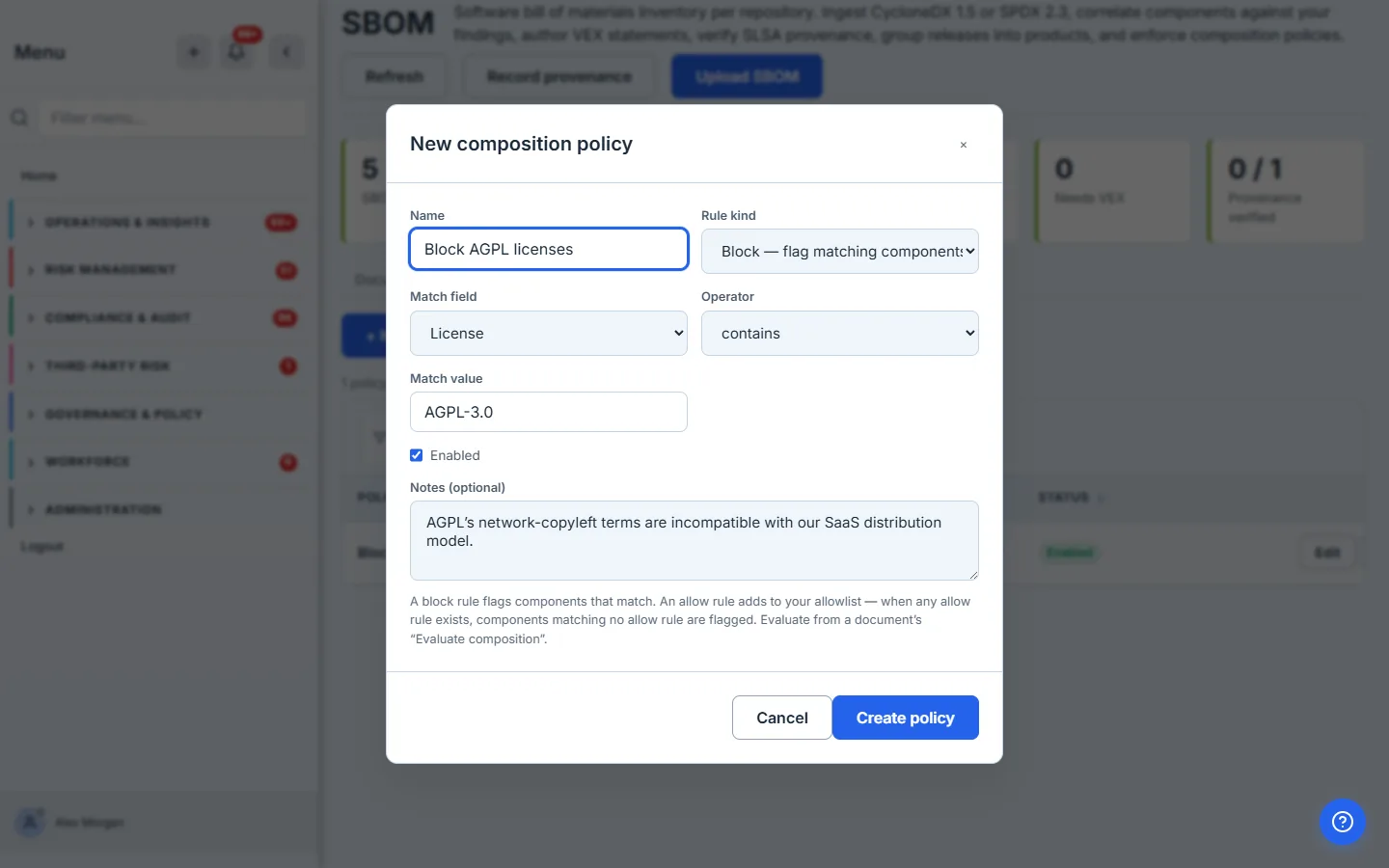 The New composition policy modal: rule kind, match field, operator, value, and an enabled toggle.