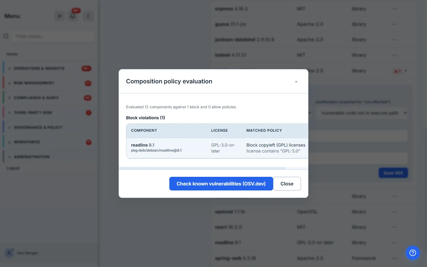 Evaluate composition flags readline (GPL-3.0-or-later) as a block violation, with the live OSV.dev check available.