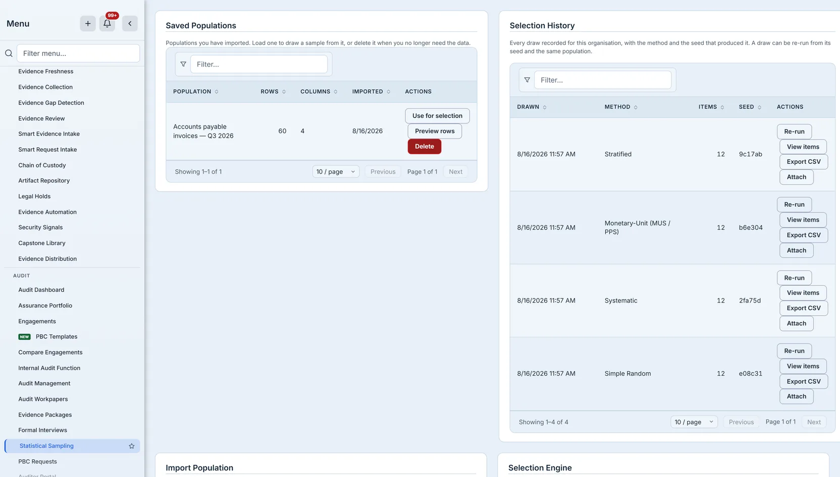 The Saved Populations list showing one imported population with its row and column counts and the date it arrived, beside buttons to use it for a selection, preview its rows, or delete it
