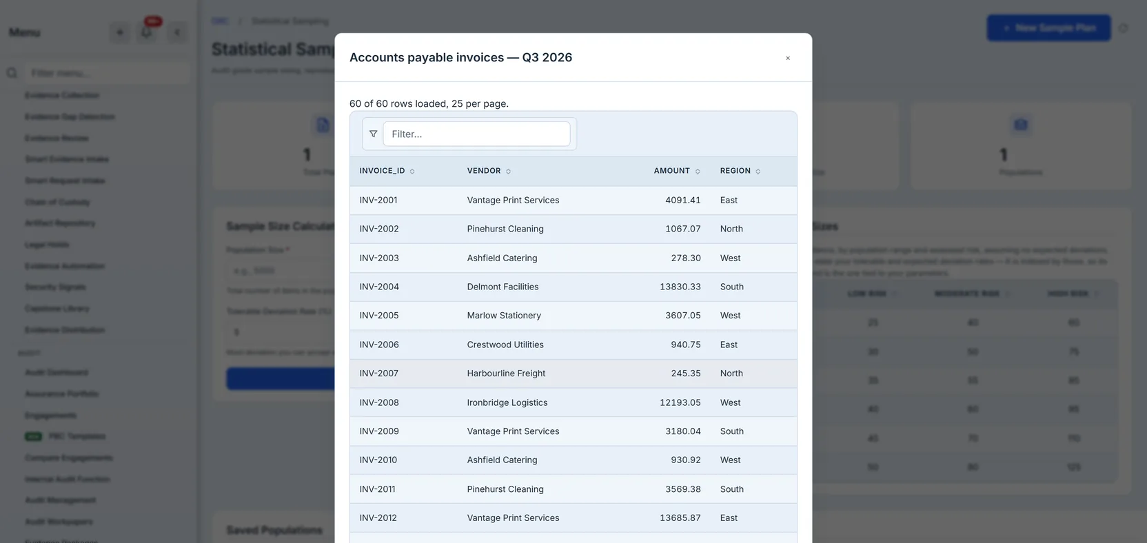 A dialog previewing the imported invoice population — sixty rows loaded, twenty-five to a page — under the file's own invoice_id, vendor, amount and region column names