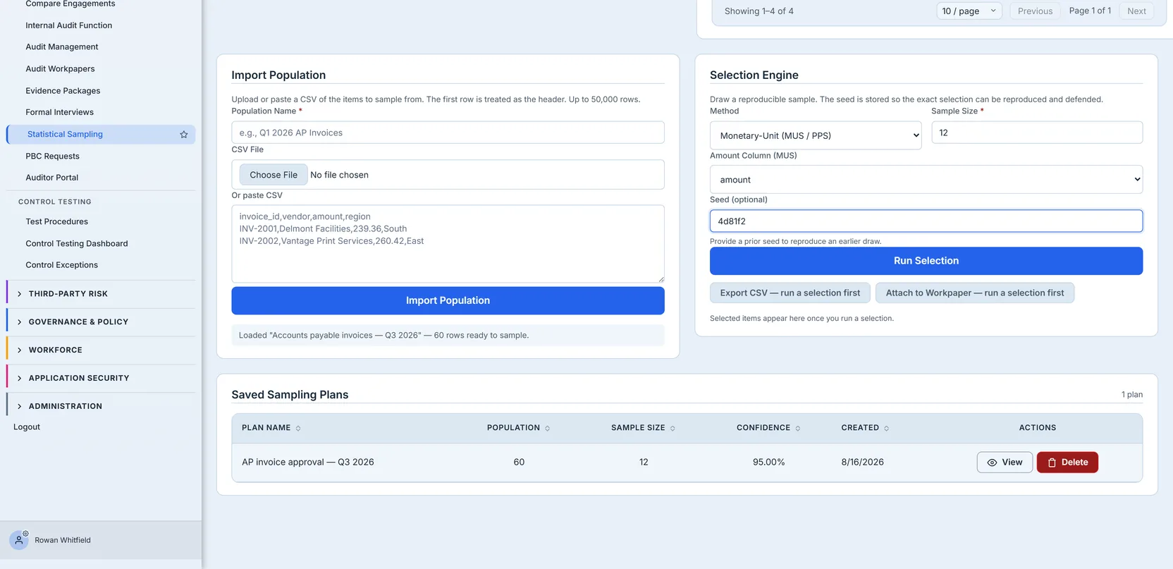 The Selection Engine with Monetary-Unit chosen and an Amount Column picker populated from the imported file's own headers, with Export CSV and Attach to Workpaper disabled and labelled to say a selection must be run first