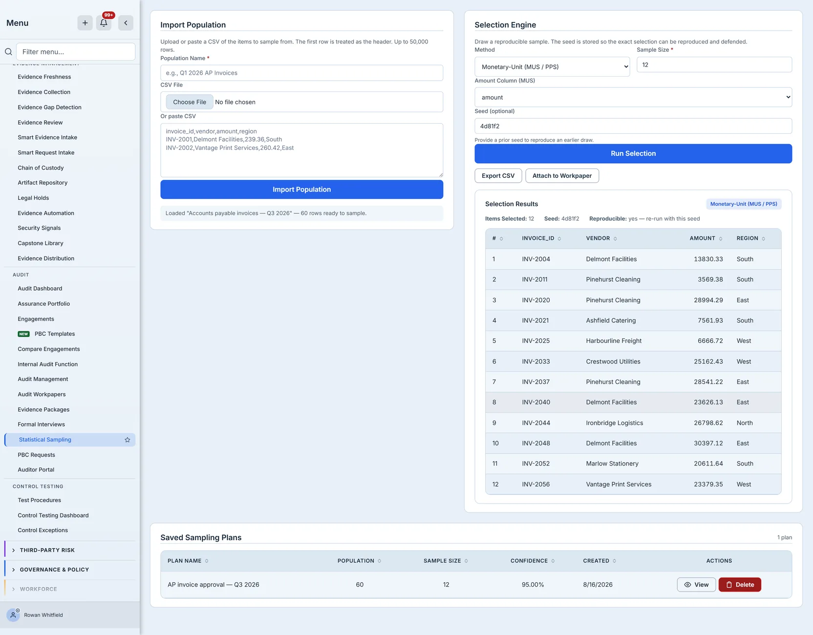 Twelve selected invoices numbered one to twelve, their values ranging from about 3,600 up to the largest invoice in the population, above them the seed that produced the draw and a note that it is reproducible by re-running that seed