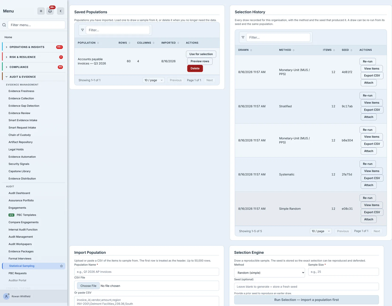 Selection History listing five recorded draws across four methods, each row showing its seed in full alongside Re-run, View items, Export CSV and Attach