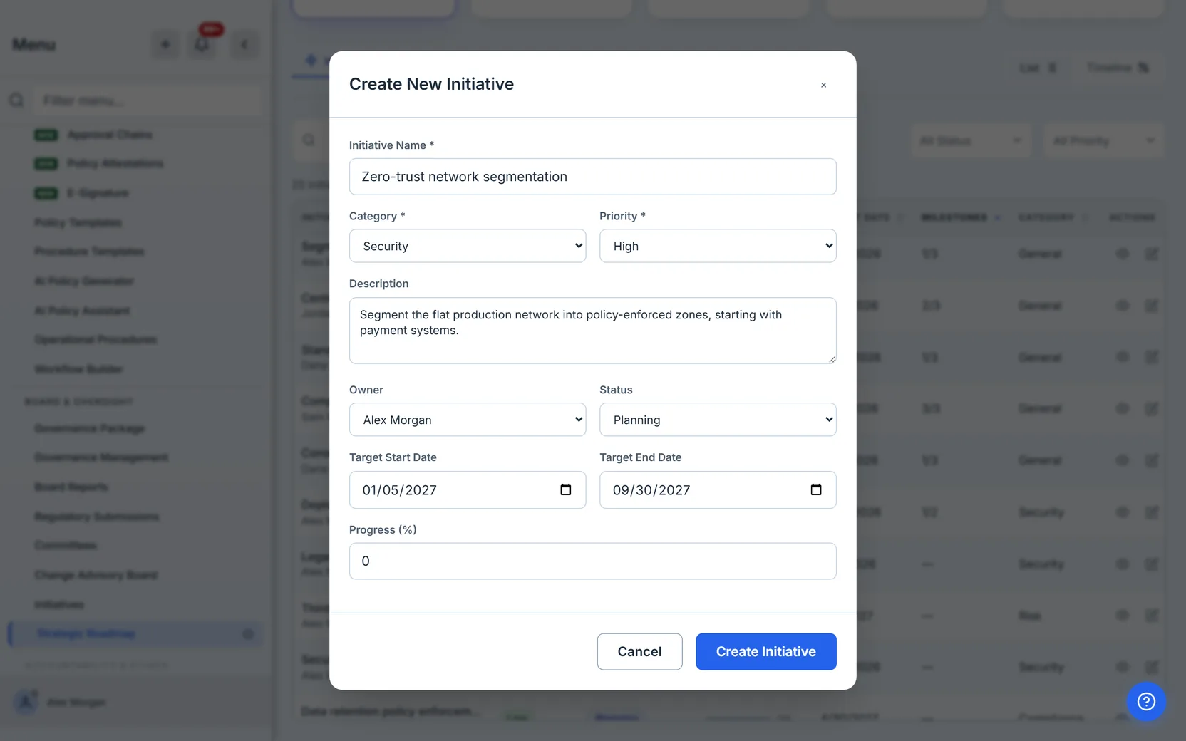The create form: name, category, priority, owner, status, target window, and starting progress.