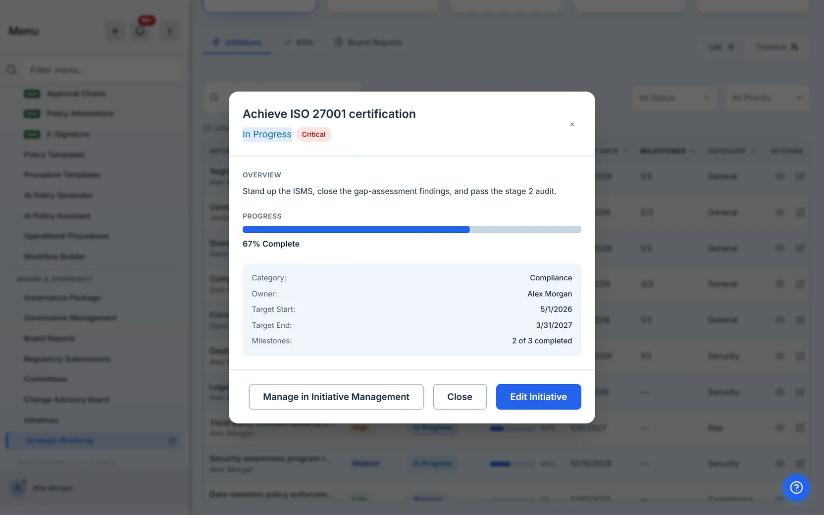 An initiative's detail: plain-language status and priority, progress, milestone rollup, and the link to full management.