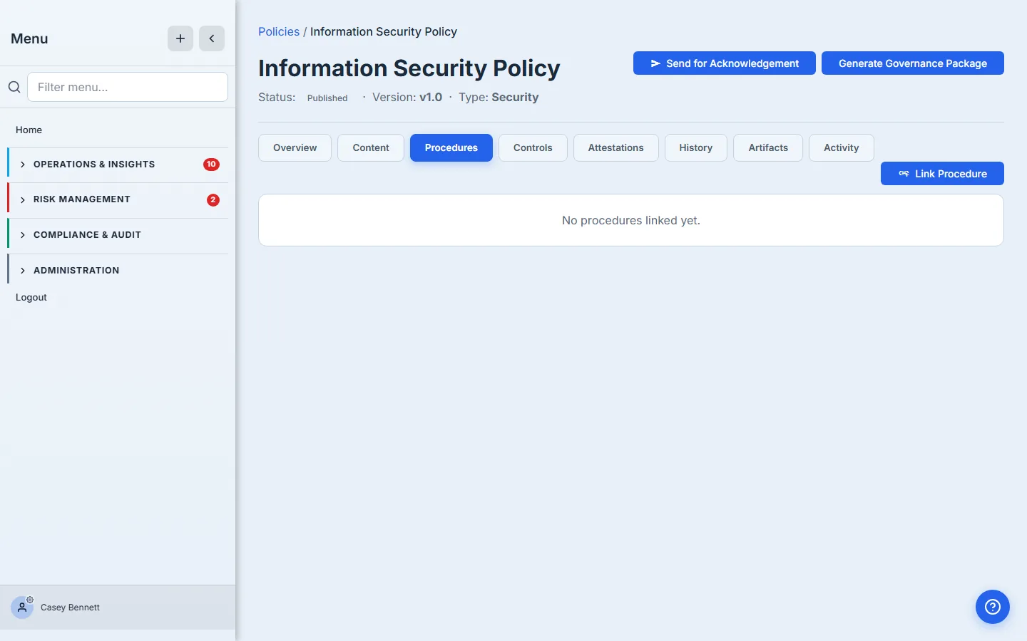 The Information Security Policy detail page with the Procedures tab selected — tab strip across the top (Overview, Content, Procedures, Controls, Attestations, History, Artifacts, Activity), a "Link Procedure" button top-right, and the empty state reading "No procedures linked yet."