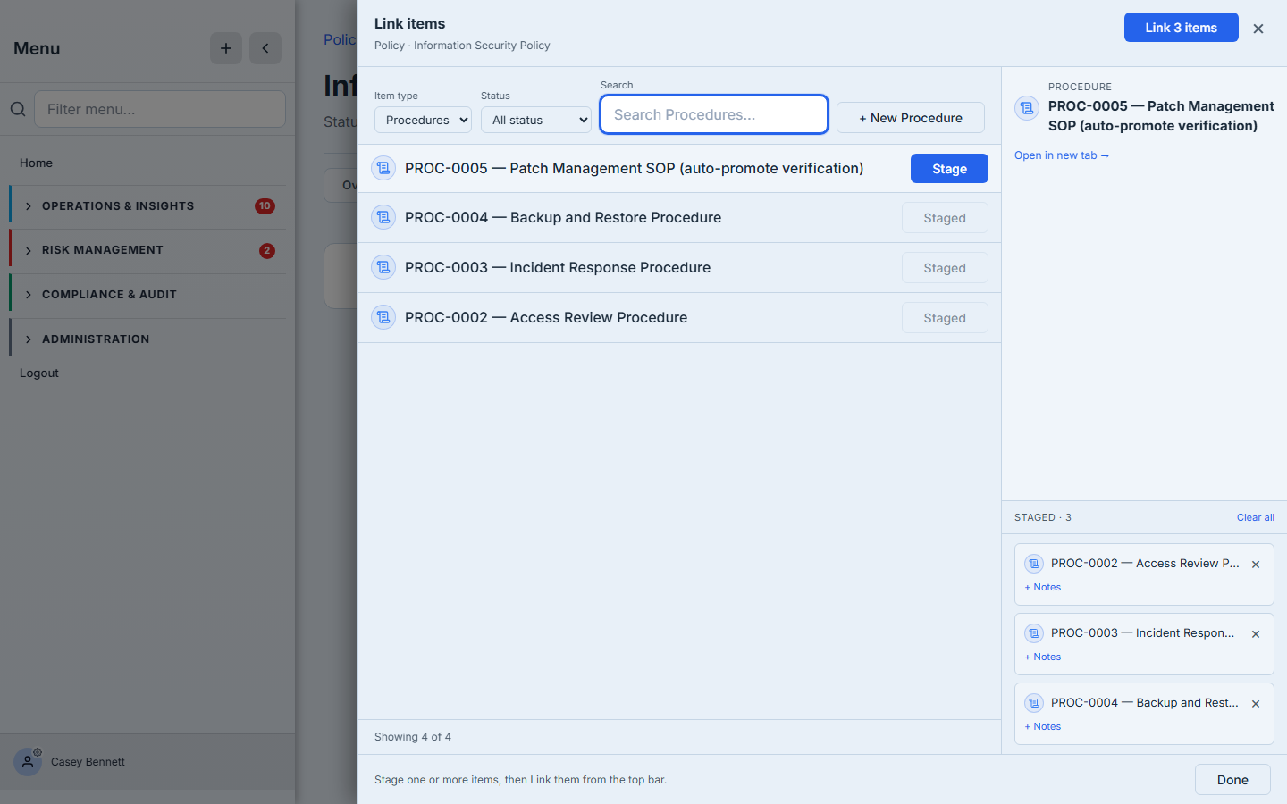 The Link Procedure picker, open over the policy — a searchable, status-filterable list of the organisation's procedures (Access Review, Incident Response, Backup and Restore, Patch Management SOP), each with a Stage button. Three procedures have been staged into the panel on the right, and a "Link 3 items" button sits at the top.