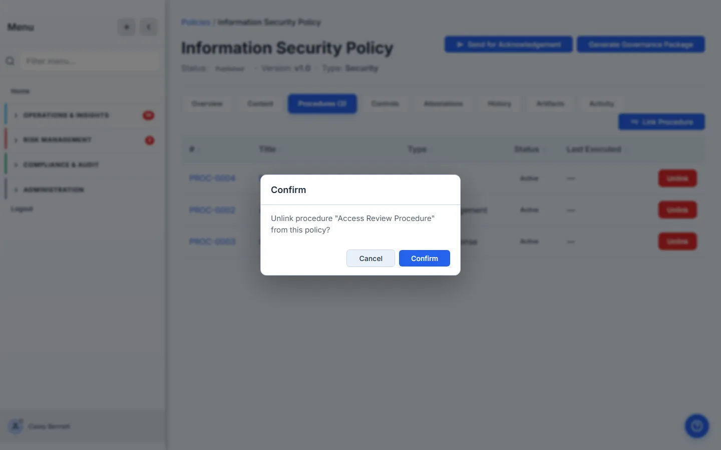 The unlink confirmation dialog over the policy — a "Confirm" modal reading 'Unlink procedure "Access Review Procedure" from this policy?' with Cancel and Confirm buttons.