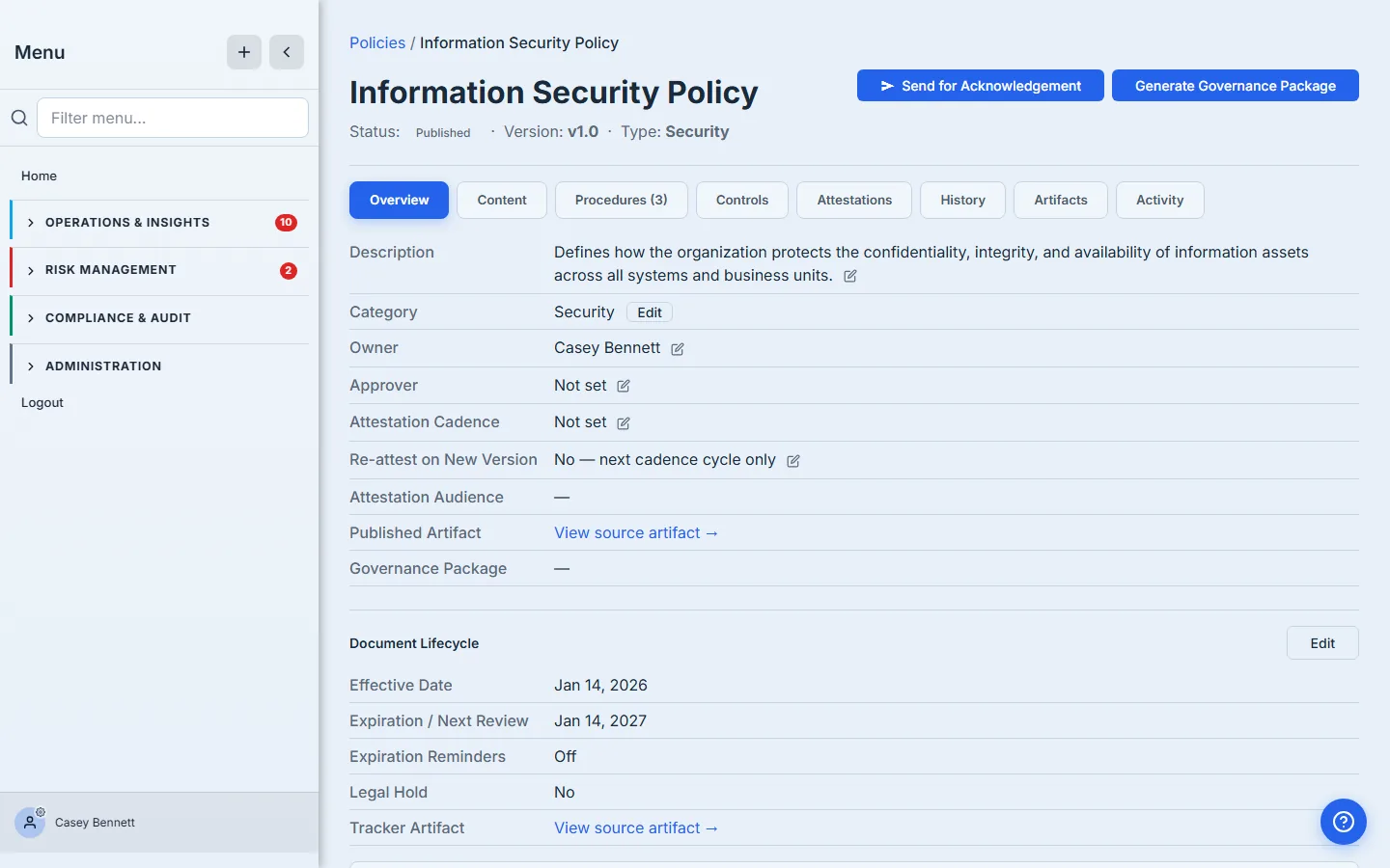 The policy's Overview tab detail list — Description, Category, Owner (Casey Bennett), Approver, and Attestation Cadence each carry an inline pencil edit affordance; Attestation Audience, Published Artifact, and Governance Package are shown read-only. A Document Lifecycle panel sits below.