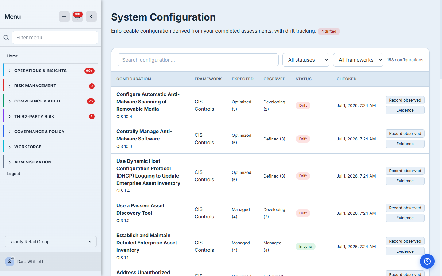 The System Configuration page: a card-wrapped table of CIS Controls safeguards showing expected vs. observed maturity levels, Drift and In sync status badges, and a "4 drifted" summary. A toolbar offers search plus status and framework filters.