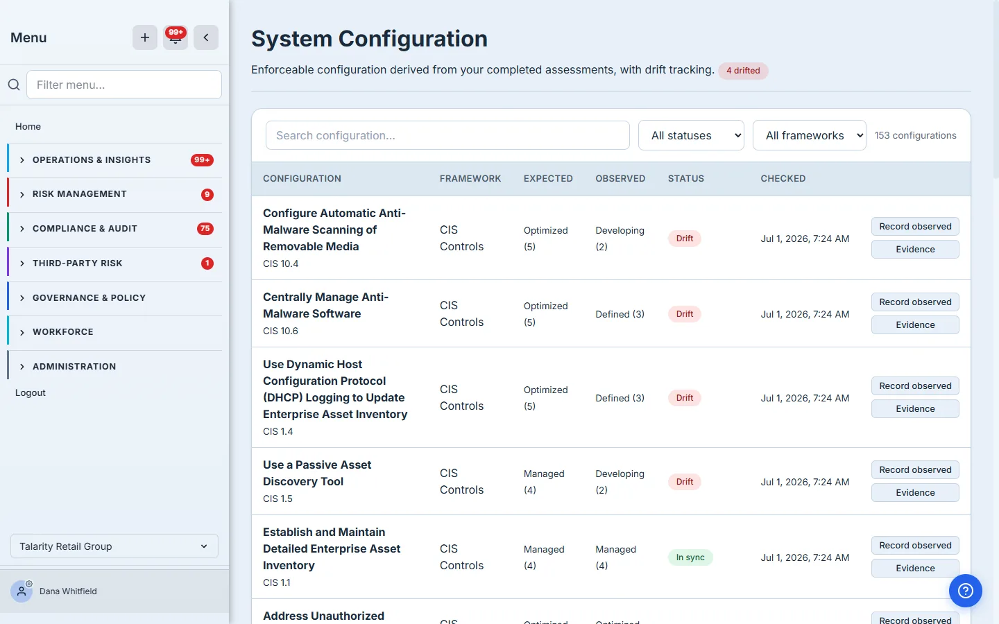 The System Configuration page: a card-wrapped table of CIS Controls safeguards showing expected vs. observed maturity levels, Drift and In sync status badges, and a "4 drifted" summary. A toolbar offers search plus status and framework filters.