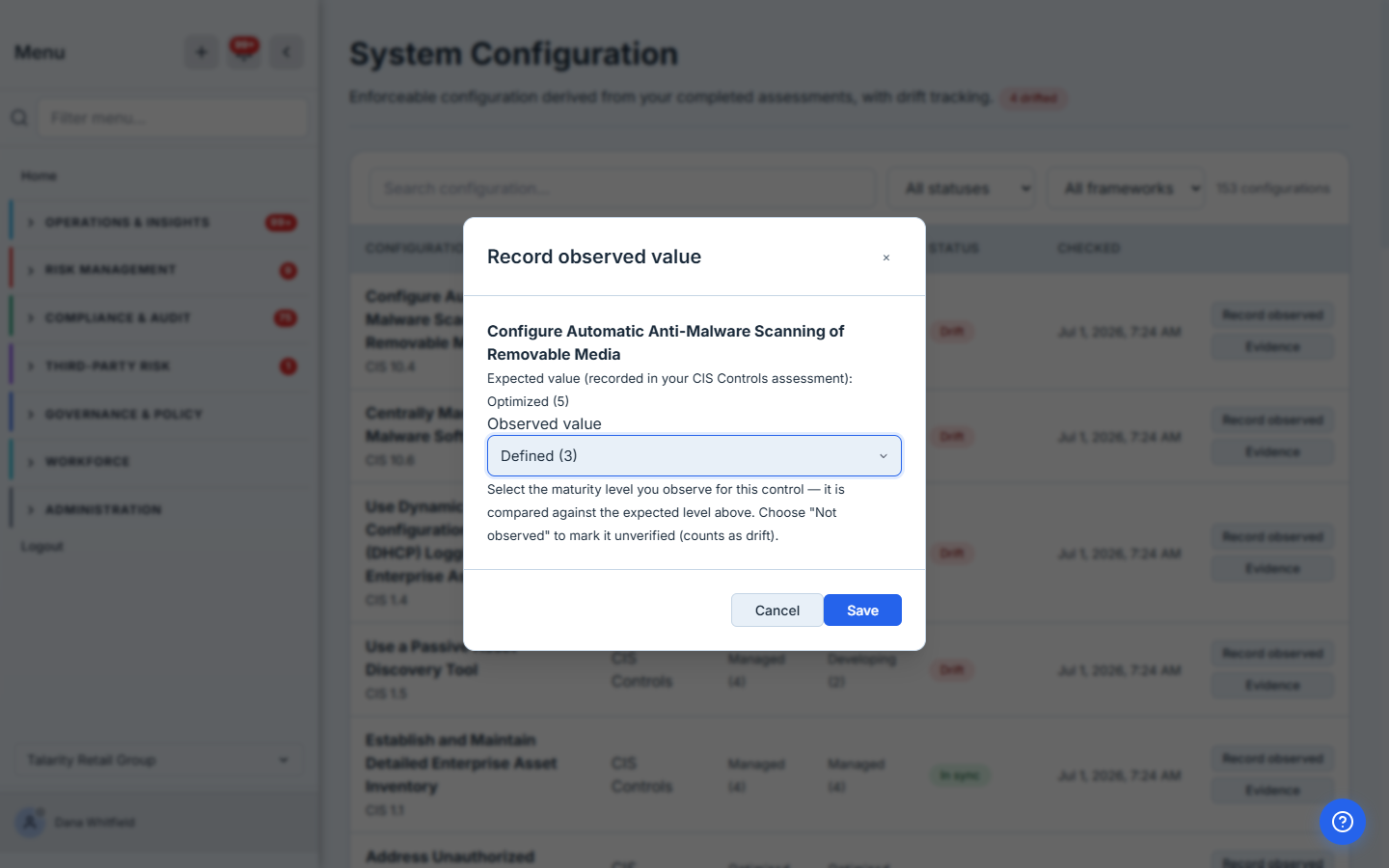 The "Record observed value" dialog for CIS 10.4, showing the expected value recorded in the CIS Controls assessment ("Optimized (5)") and an observed-value field with "3" entered, plus helper text explaining the comparison.