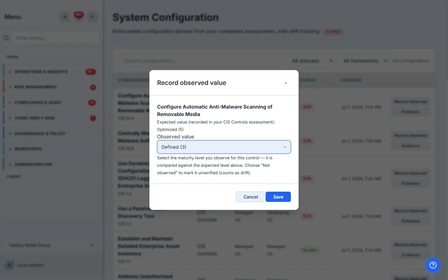 The "Record observed value" dialog for CIS 10.4, showing the expected value recorded in the CIS Controls assessment ("Optimized (5)") and an observed-value field with "3" entered, plus helper text explaining the comparison.