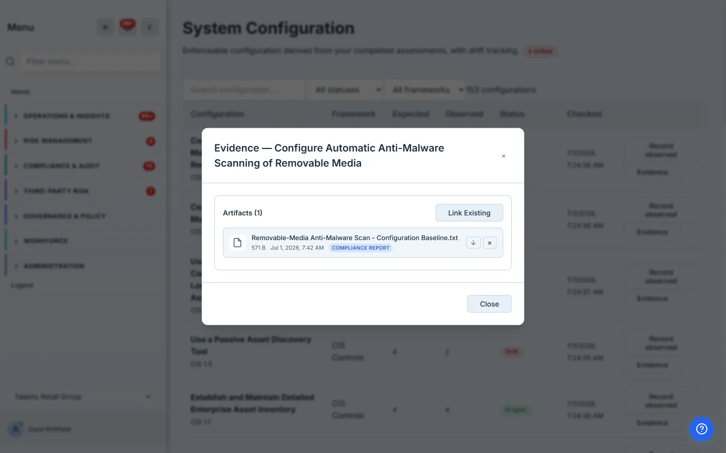 The Evidence dialog for the anti-malware scanning control, showing one linked artifact ("Removable-Media Anti-Malware Scan - Configuration Baseline.txt") with its size, date, and a "Compliance Report" type badge, plus a "Link Existing" action.