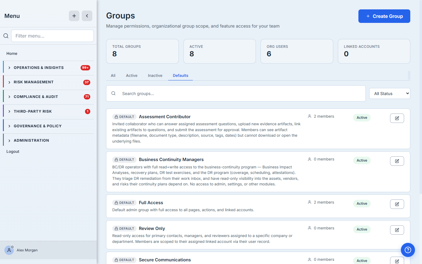 Groups page, Defaults tab — seven cards: Assessment Contributor, Business Continuity Managers, Full Access, Review Only, Secure Communications, Standard User, Vendor Managers. Each card carries a Default badge, a description, a member count, and an Active status pill.