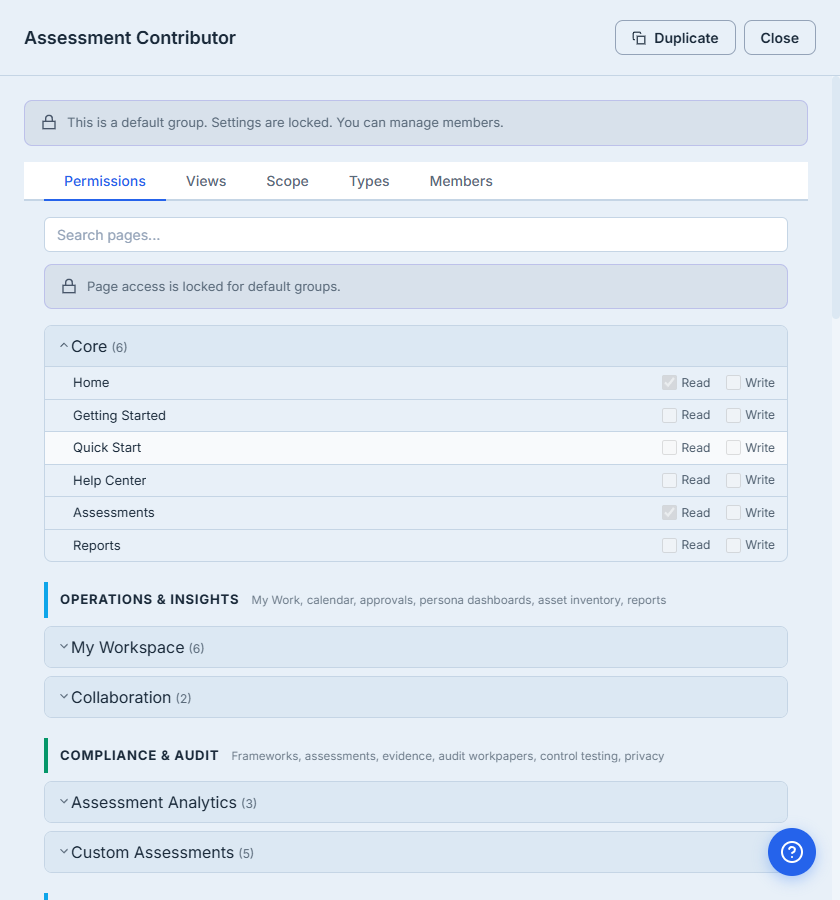 Assessment Contributor drawer, Permissions tab. Banner reads "This is a default group. Settings are locked. You can manage members." Page-access matrix below, Core section expanded: each page row carries Read, Write, and Deny controls (all locked for a default group) — Home and Assessments at Read, everything else None (My Work, under the My Workspace section, carries the group's one Write).