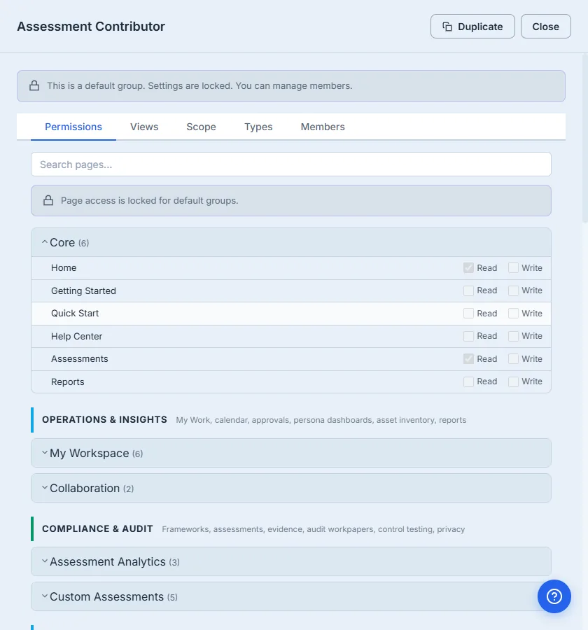 Assessment Contributor drawer, Permissions tab. Banner reads "This is a default group. Settings are locked. You can manage members." Page-access matrix below, Core section expanded: each page row carries Read, Write, and Deny controls (all locked for a default group) — Home and Assessments at Read, everything else None (My Work, under the My Workspace section, carries the group's one Write).