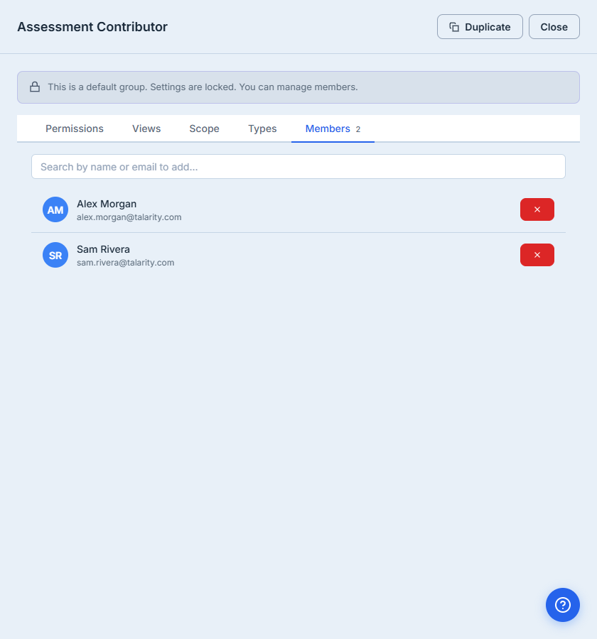 Assessment Contributor drawer, Members tab. Two members listed: Alex Morgan (alex.morgan@talarity.com) and Sam Rivera (sam.rivera@talarity.com, the invited collaborator). Remove buttons next to each row, and a "Search by name or email to add…" box above — for system groups the roster is managed here on the Members tab (the settings stay locked).