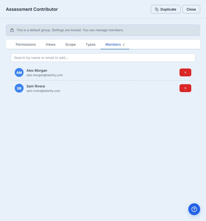 Assessment Contributor drawer, Members tab. Two members listed: Alex Morgan (alex.morgan@talarity.com) and Sam Rivera (sam.rivera@talarity.com, the invited collaborator). Remove buttons next to each row, and a "Search by name or email to add…" box above — for system groups the roster is managed here on the Members tab (the settings stay locked).
