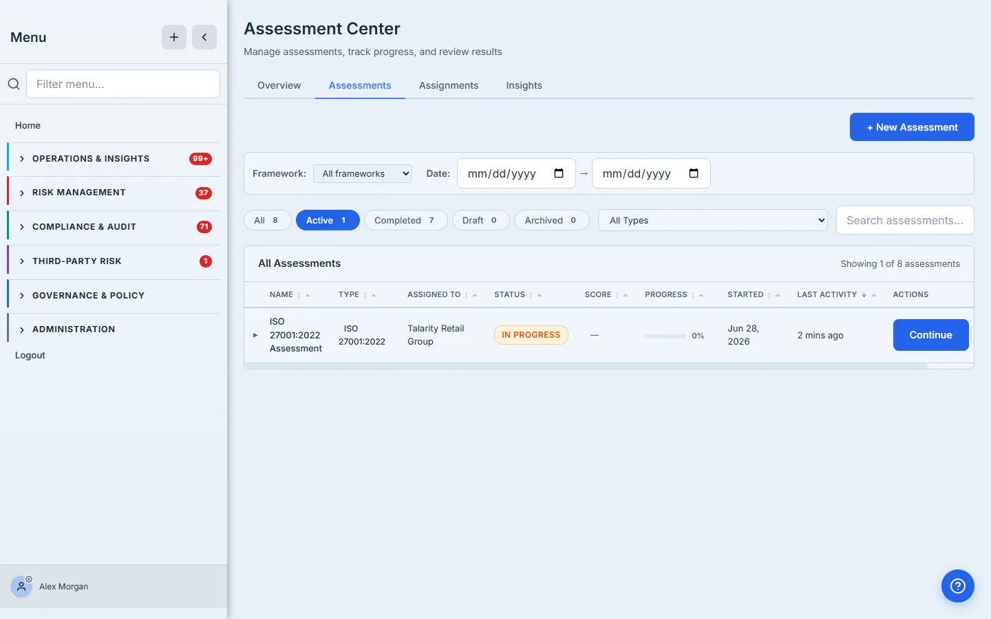 Assessment Center, Assessments tab — admin view, Active filter. One row: "ISO 27001:2022 Assessment", ISO 27001:2022, assigned to Talarity Retail Group, IN PROGRESS, no score yet, 0% progress, started Jun 28 2026. Filters above the table: Framework, Date range, status pills (All/Active/Completed/Draft/Archived), All Types, Search.