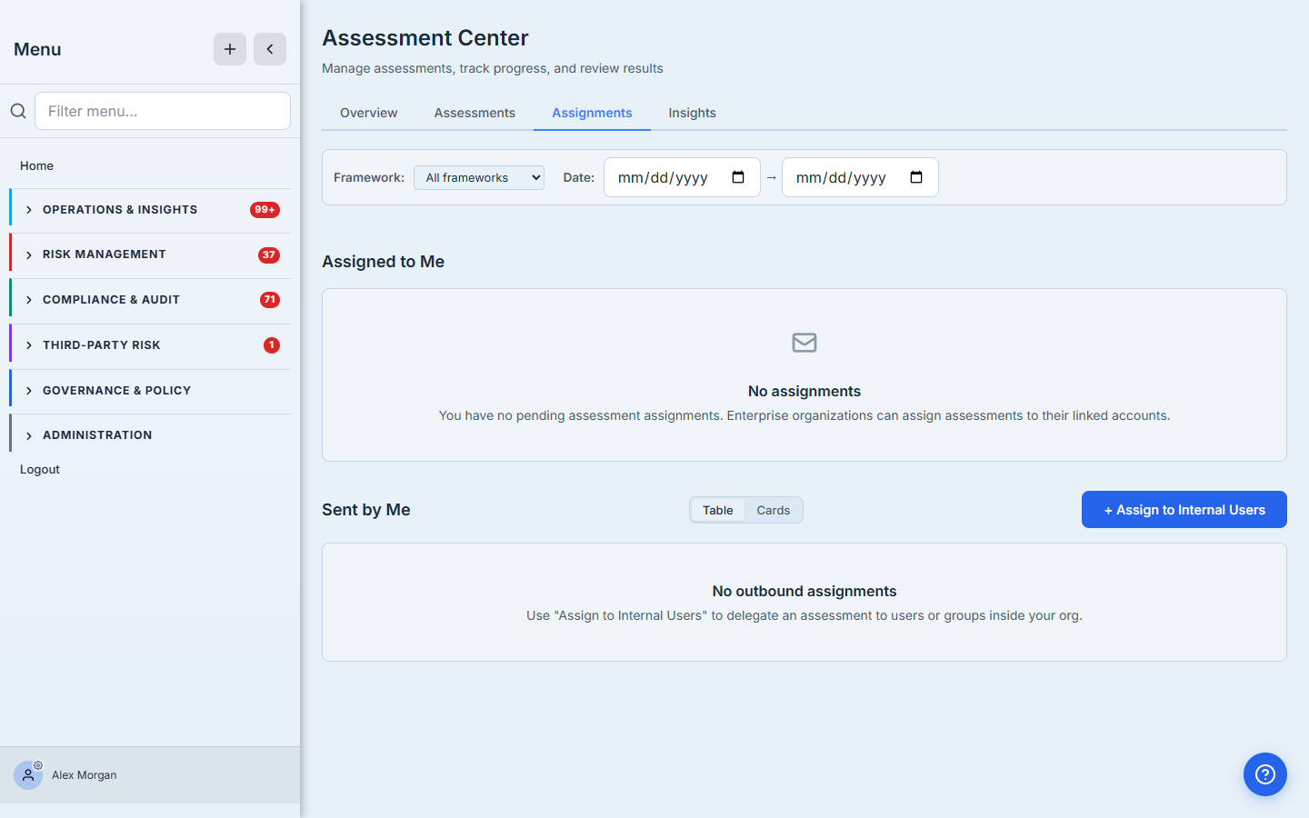 Assignments tab — both sections empty. Top: "Assigned to Me — No assignments. You have no pending assessment assignments. Enterprise organizations can assign assessments to their linked accounts." Bottom: "Sent by Me — No outbound assignments. Use 'Assign to Internal Users' to delegate an assessment to users or groups inside your org." On the right, a + Assign to Internal Users button.