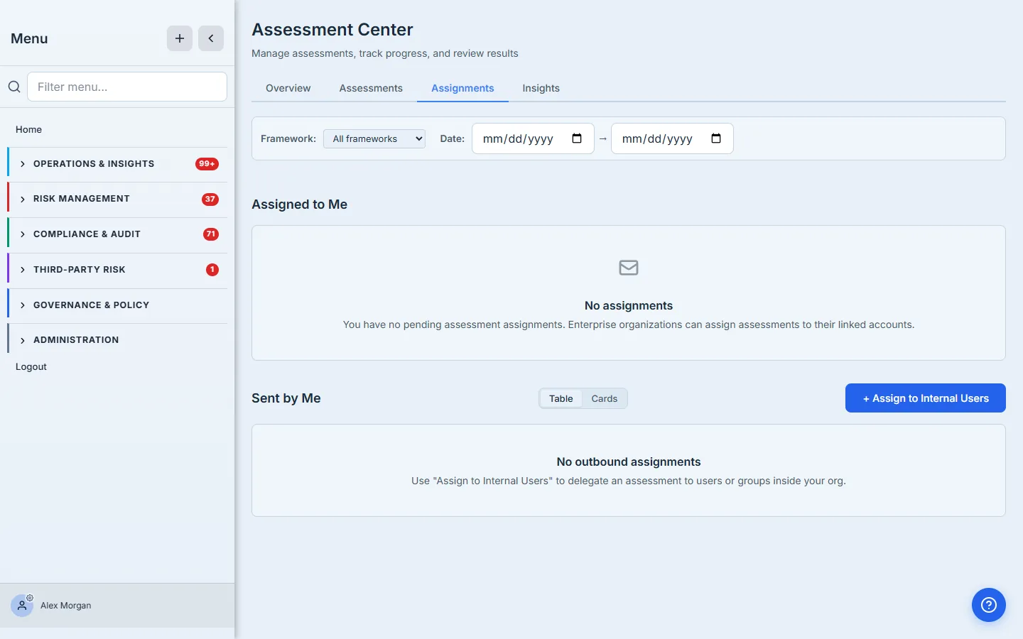 Assignments tab — both sections empty. Top: "Assigned to Me — No assignments. You have no pending assessment assignments. Enterprise organizations can assign assessments to their linked accounts." Bottom: "Sent by Me — No outbound assignments. Use 'Assign to Internal Users' to delegate an assessment to users or groups inside your org." On the right, a + Assign to Internal Users button.