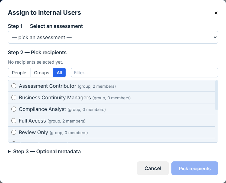 Assign to Internal Users modal — initial state. Step 1: dropdown "— pick an assessment —". Step 2: People / Groups / All segmented control set to All, search field. Picker list shows all seven system groups plus the custom Compliance Analyst: Assessment Contributor (2 members), Business Continuity Managers (0 members), Compliance Analyst (0 members), Full Access (2 members), Review Only (0 members), Secure Communications (0 members), Standard User (0 members), Vendor Managers (0 members). Step 3 collapsed. Cancel and Pick recipients buttons at the bottom.