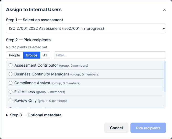 Modal state — assessment selected: ISO 27001:2022 Assessment. Groups segment active. Eight group rows showing live member counts (the seven system groups plus the custom Compliance Analyst). Chip strip above reads "No recipients selected yet."