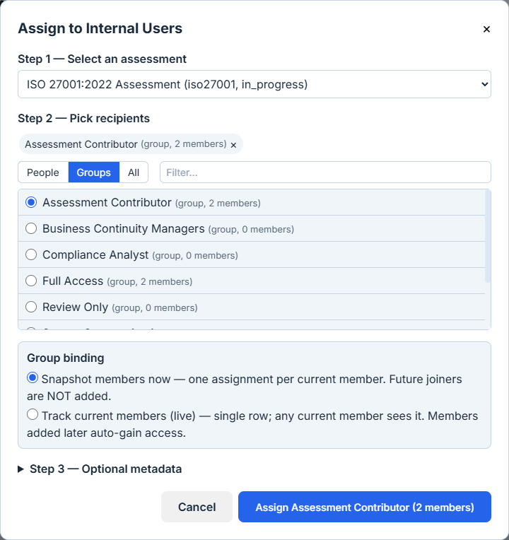 Modal — Assessment Contributor selected as group. Group binding section visible with two radio options: Track current members (live) — the default — and Snapshot members now. With Snapshot chosen the submit button reads "Assign Assessment Contributor (2 members)", reflecting the current member count.