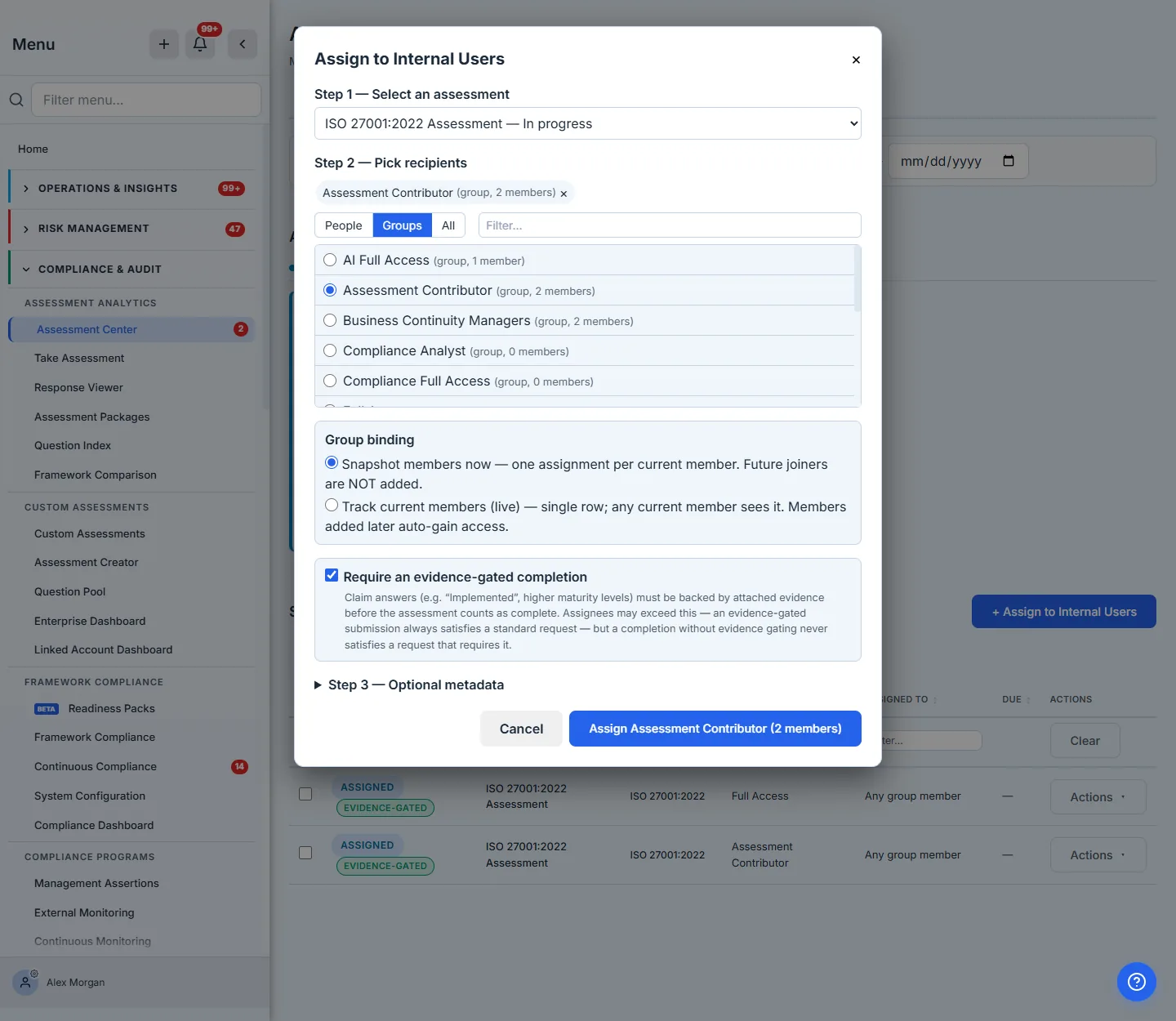 Modal — Assessment Contributor selected as group (chip + filled radio). Group binding section visible with two radio options: Track current members (live) and Snapshot members now — Snapshot chosen. Below it, the checked "Require an evidence-gated completion" box with its helper text. With Snapshot chosen the submit button reads "Assign Assessment Contributor (2 members)", reflecting the current member count.