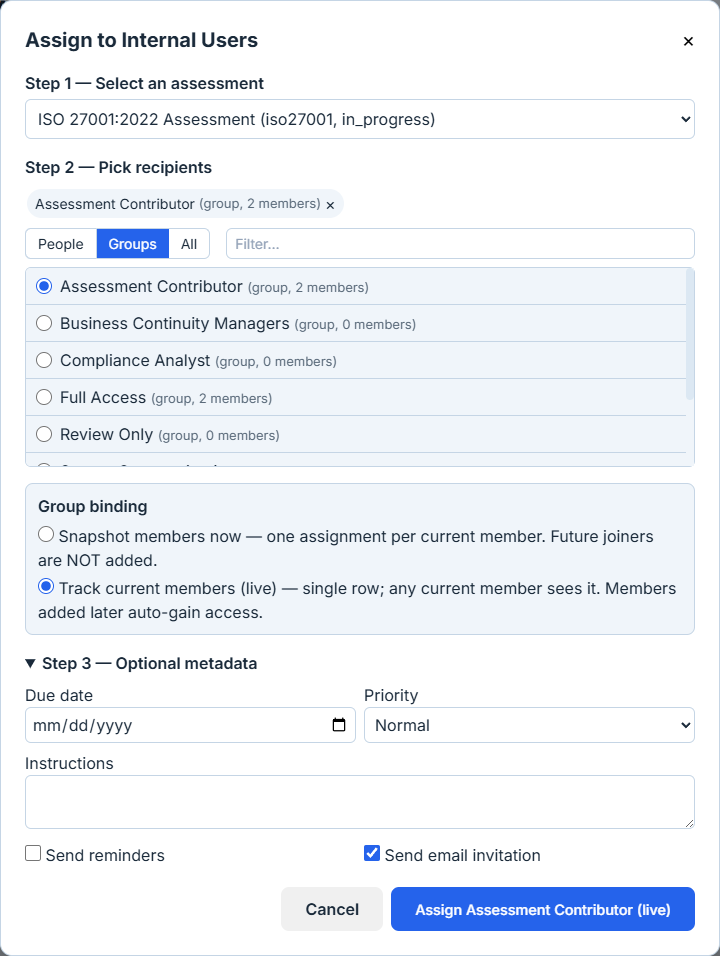 Modal — Track current members (live) selected. Step 3 expanded showing Due date and Priority side by side, Instructions textarea spanning both columns, Send reminders and Send email invitation checkboxes. Submit button reads "Assign Assessment Contributor (live)".