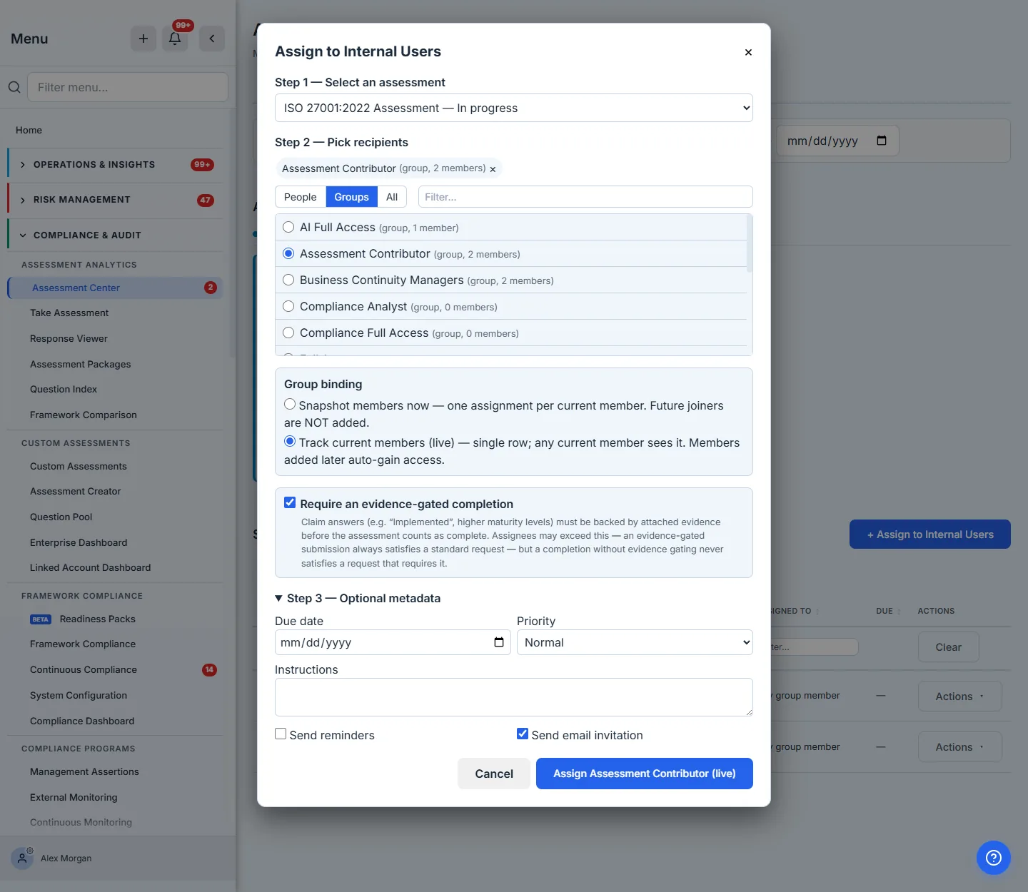 Modal — Track current members (live) selected. The "Require an evidence-gated completion" box sits above an expanded Step 3 — Optional metadata: Due date and Priority side by side, Instructions textarea spanning both columns, Send reminders and Send email invitation checkboxes. Submit button reads "Assign Assessment Contributor (live)".