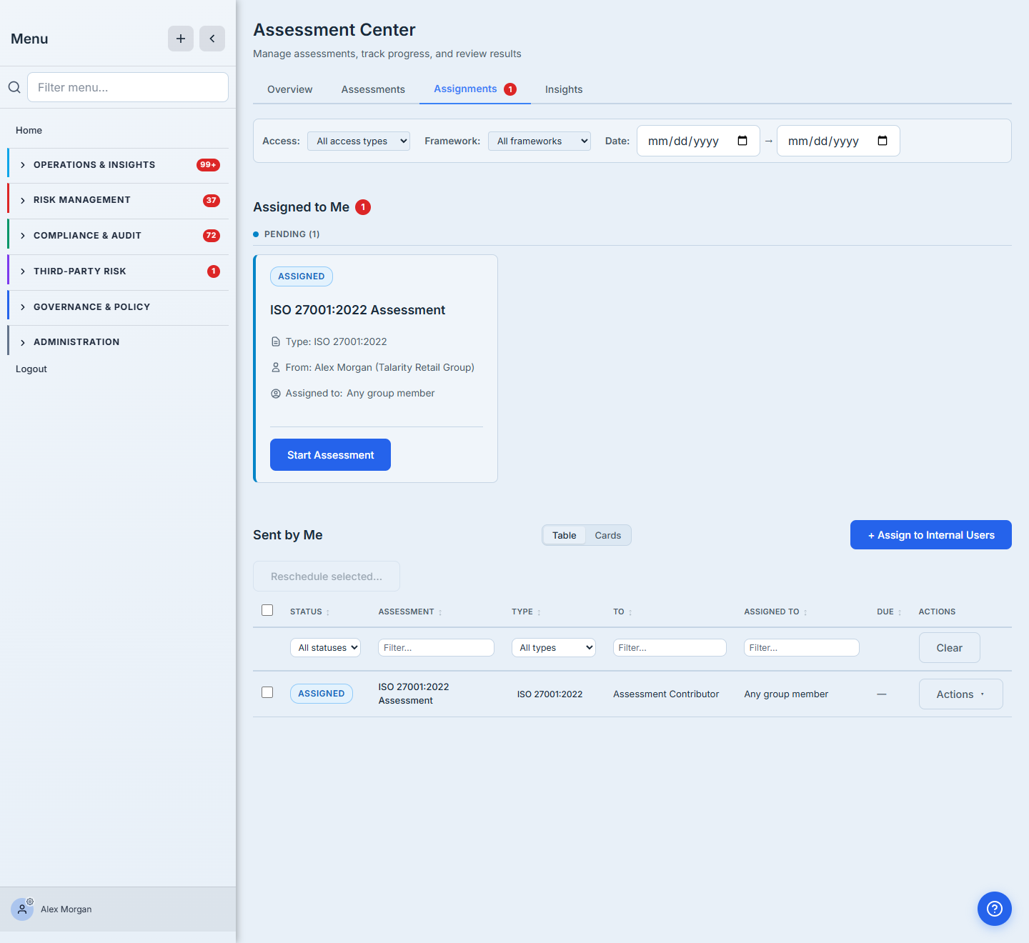 Assignments tab populated. Assigned to Me: one PENDING card for "ISO 27001:2022 Assessment", Type ISO 27001:2022, From: Alex Morgan (Talarity Retail Group), Assigned to: Any group member, with a Start Assessment button. Sent by Me: table row showing STATUS ASSIGNED, ASSESSMENT name, TYPE ISO 27001:2022, TO Assessment Contributor, ASSIGNED TO Any group member, due dash, actions dash.