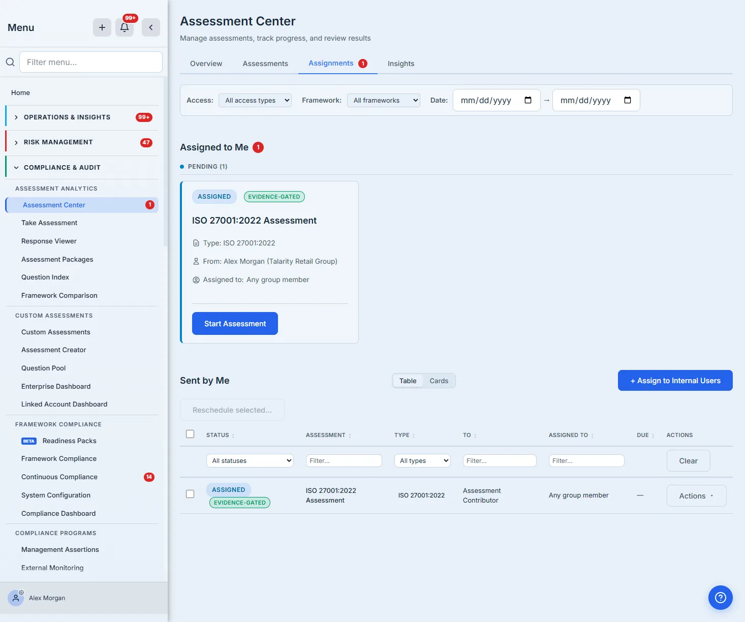 Assignments tab populated, showing the same assignment from both ends. Assigned to Me: a PENDING card for "ISO 27001:2022 Assessment" — From: Alex Morgan (Talarity Retail Group), Assigned to: Any group member — carrying a green Evidence-gated pill beside the ASSIGNED status and a Start Assessment button. It appears on the inbound side too because it was sent to the whole group and the sender belongs to that group. Sent by Me: a table row with the same green Evidence-gated pill (meaning this request will only be satisfied by a completion whose claims are backed by evidence), TO Assessment Contributor, ASSIGNED TO Any group member.