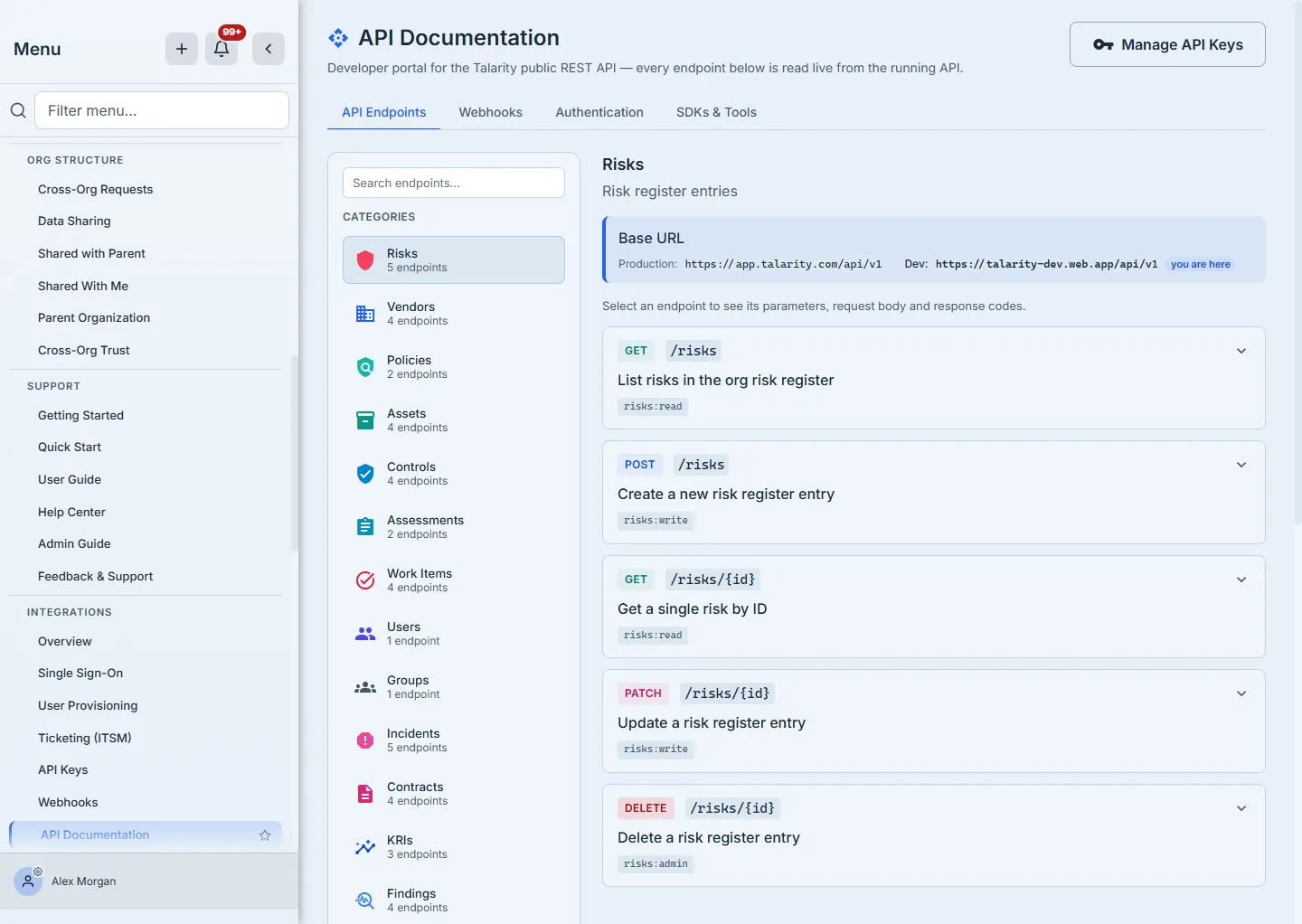 The API Documentation Endpoints tab — the Categories rail listing resources with per-resource endpoint counts, the selected resource's endpoints beside it, and the Base URL callout.