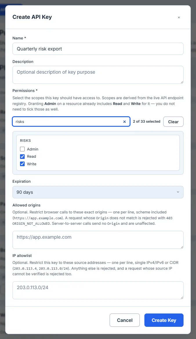 The Create API Key dialog — the scope filter narrowed to "risks", showing Read and Write ticked while Admin is left clear, a running "2 of 33 selected" count, and the expiry control below.