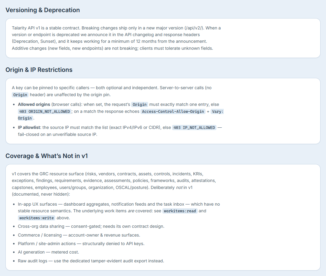 The Versioning & Deprecation and Origin & IP Restrictions sections — the stability commitment and how caller pinning is enforced.
