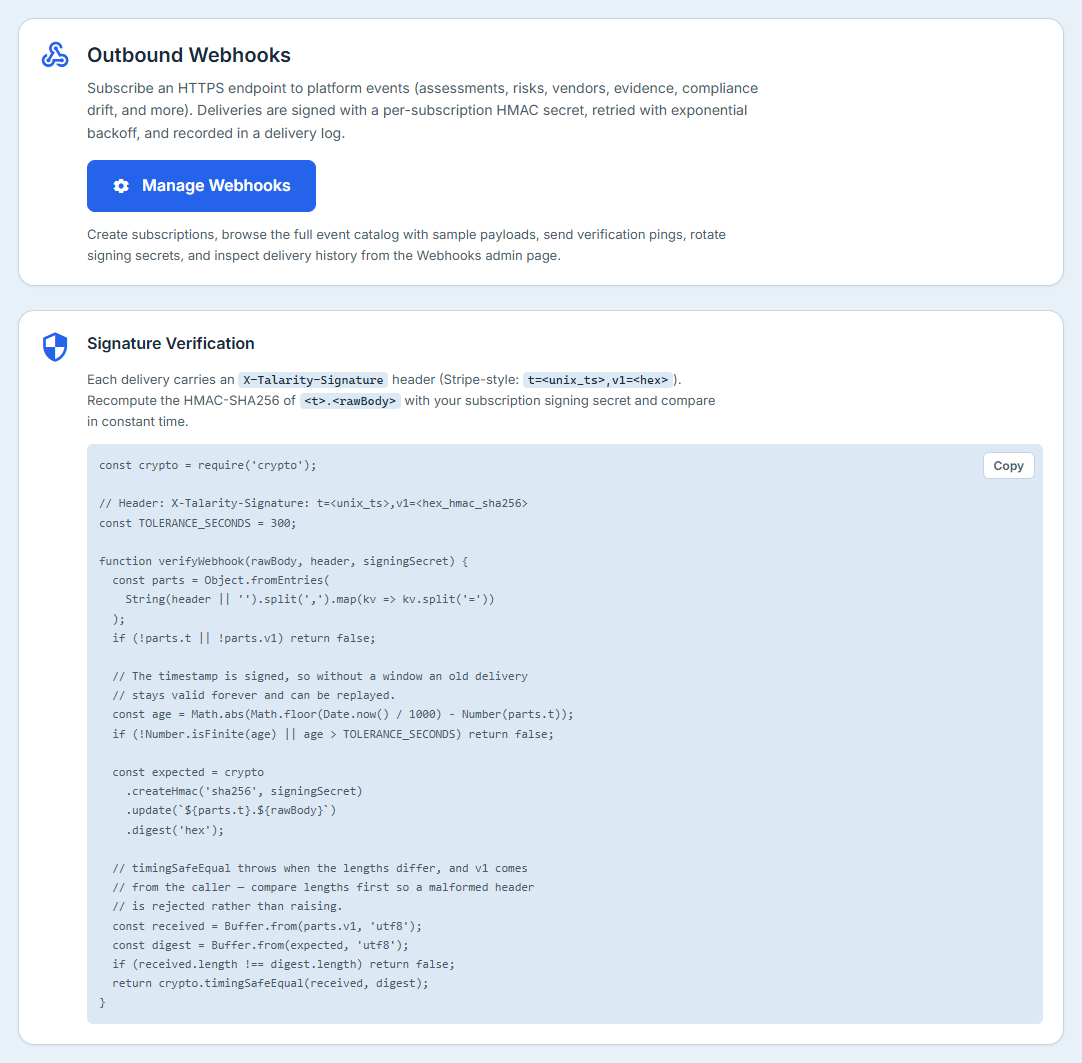 The Webhooks tab — the signature-verification scheme, with subscriptions and delivery history managed on the Webhooks page it links to.