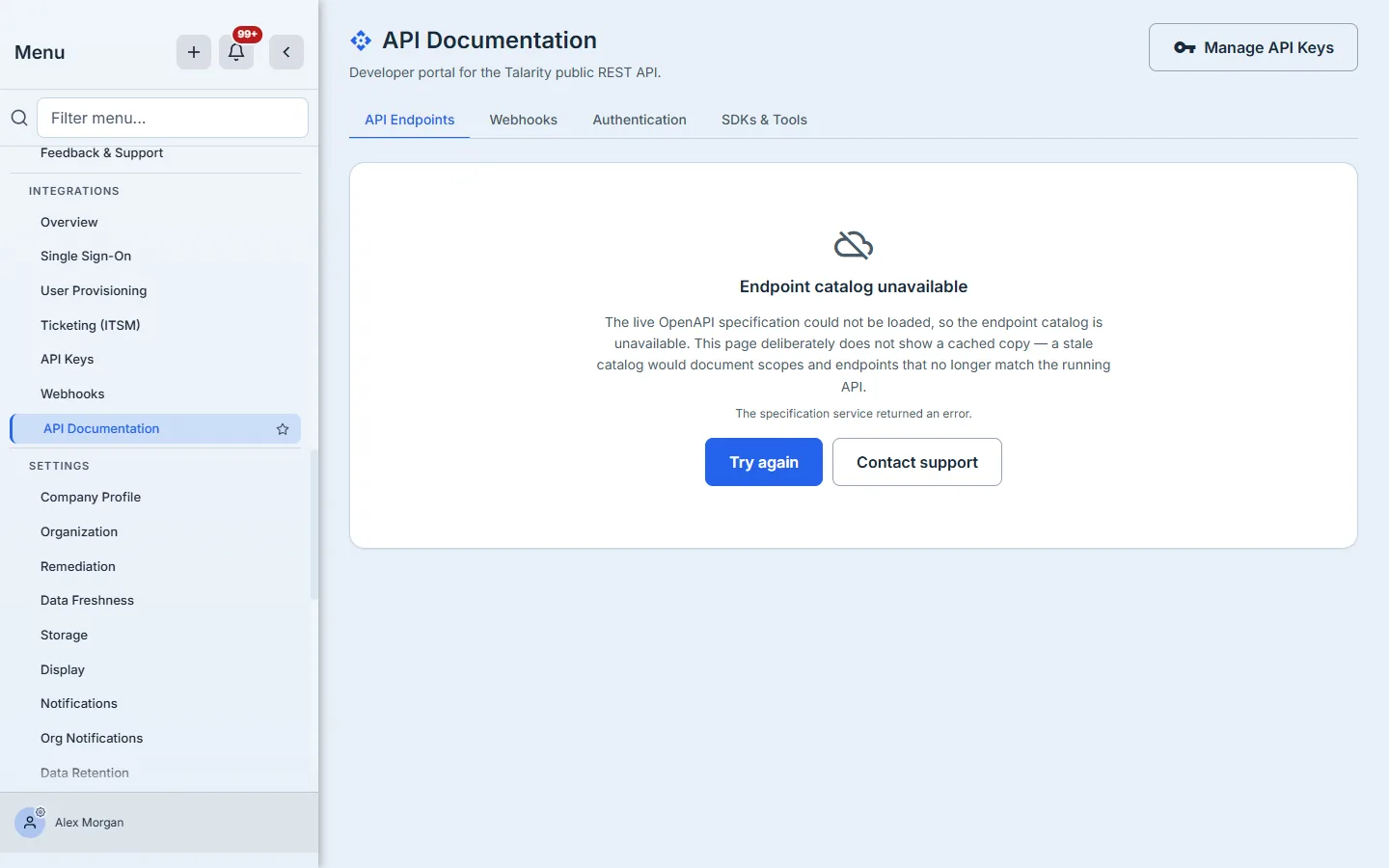 The Endpoint catalog unavailable state — an explanation of why no cached catalog is shown, the reported reason from the failed call, a retry, and a route to support.