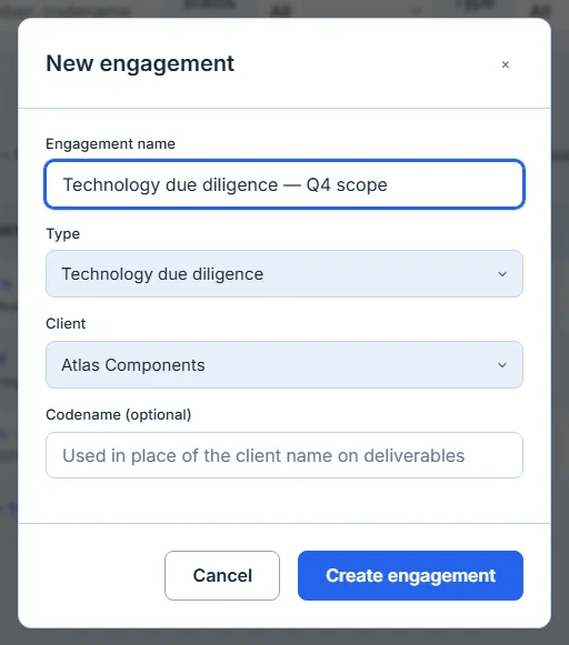 The New engagement dialog, opened from the Atlas Components chip. Engagement name is filled with "Technology due diligence — Q4 scope", Type reads "Technology due diligence", and Client is already set to Atlas Components. A Codename field is optional. Cancel and Create engagement buttons sit at the foot.