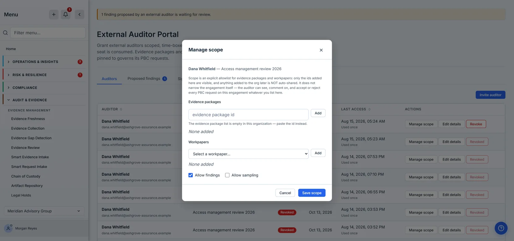 The Manage scope dialog for one auditor's grant, headed with their name and the engagement. Its explanatory text reads that scope is an explicit allowlist for evidence packages and workpapers, that anything added to the org later is not auto-shared, and that it does not narrow the engagement itself — the auditor can still see, comment on, and accept or reject every PBC request on it. Below, an Evidence packages field — a text box reading "evidence package id", with the note "The evidence package list is empty in this organization — paste the id instead." beneath it — and a Workpapers dropdown reading "Select a workpaper…", each followed by "None added", then unticked Allow findings and Allow sampling checkboxes.
