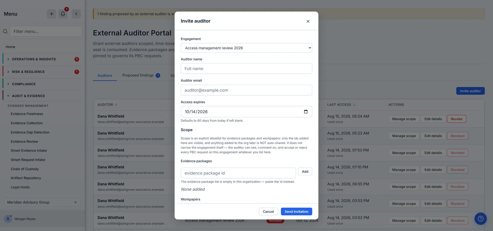 The Invite auditor dialog — an Engagement dropdown already showing "Access management review 2026", empty Auditor name and Auditor email fields, and an Access expires date arriving pre-filled with 10/14/2026 — sixty days out — beneath which the hint reads "Defaults to 60 days from today if left blank". Beneath them a Scope section carries the same allowlist explanation as the Manage scope dialog, followed by an Evidence packages text box reading "evidence package id", the note "The evidence package list is empty in this organization — paste the id instead.", then "None added", with the start of a Workpapers section below it. The dialog is confirmed with a Send invitation button.