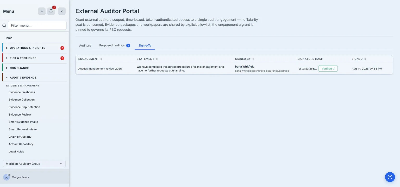 The Sign-offs tab of the External Auditor Portal, holding one completed sign-off. The row runs across five columns: the engagement it belongs to ("Access management review 2026"); the full statement the auditor signed, reading "We have completed the agreed procedures for this engagement and have no further requests outstanding."; "Signed by" showing Dana Whitfield with the email address of the grant that signed beneath it; a Signature hash column showing the first characters of the hash followed by a Verify control that has been pressed and now reads "Verified ✓" in green; and the date and time it was signed. The verdict stays on the row rather than appearing as a message that fades.