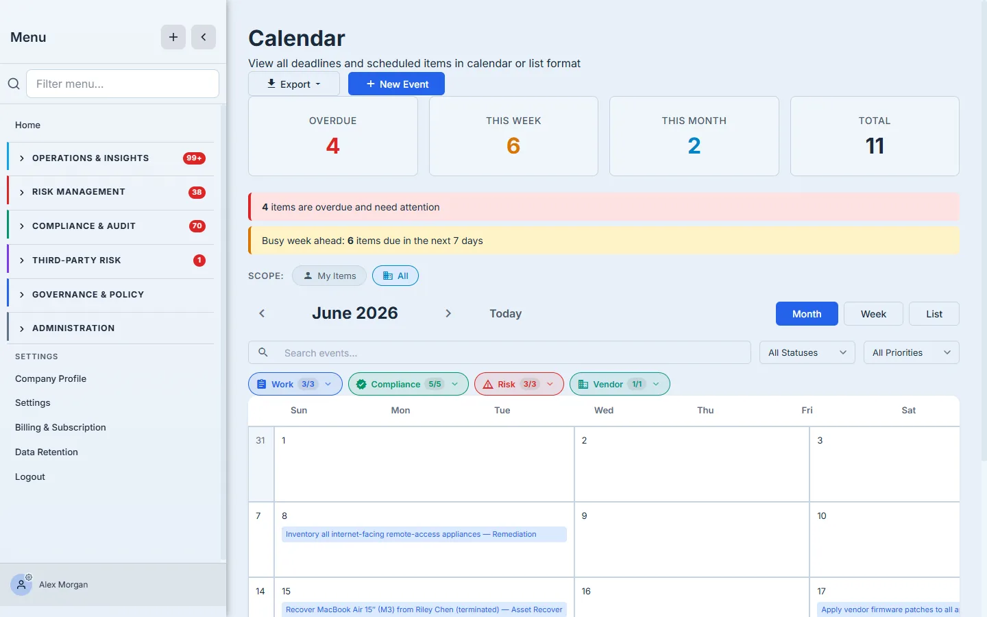 The Calendar month view — Overdue / This Week / This Month / Total tiles, overdue and busy-week banners, category filter chips (Work, Compliance, Risk, Vendor), and a June grid with dated items like "Inventory all internet-facing remote-access appliances — Remediation" and "Recover MacBook Air 15″ (M3) — Asset Recovery".
