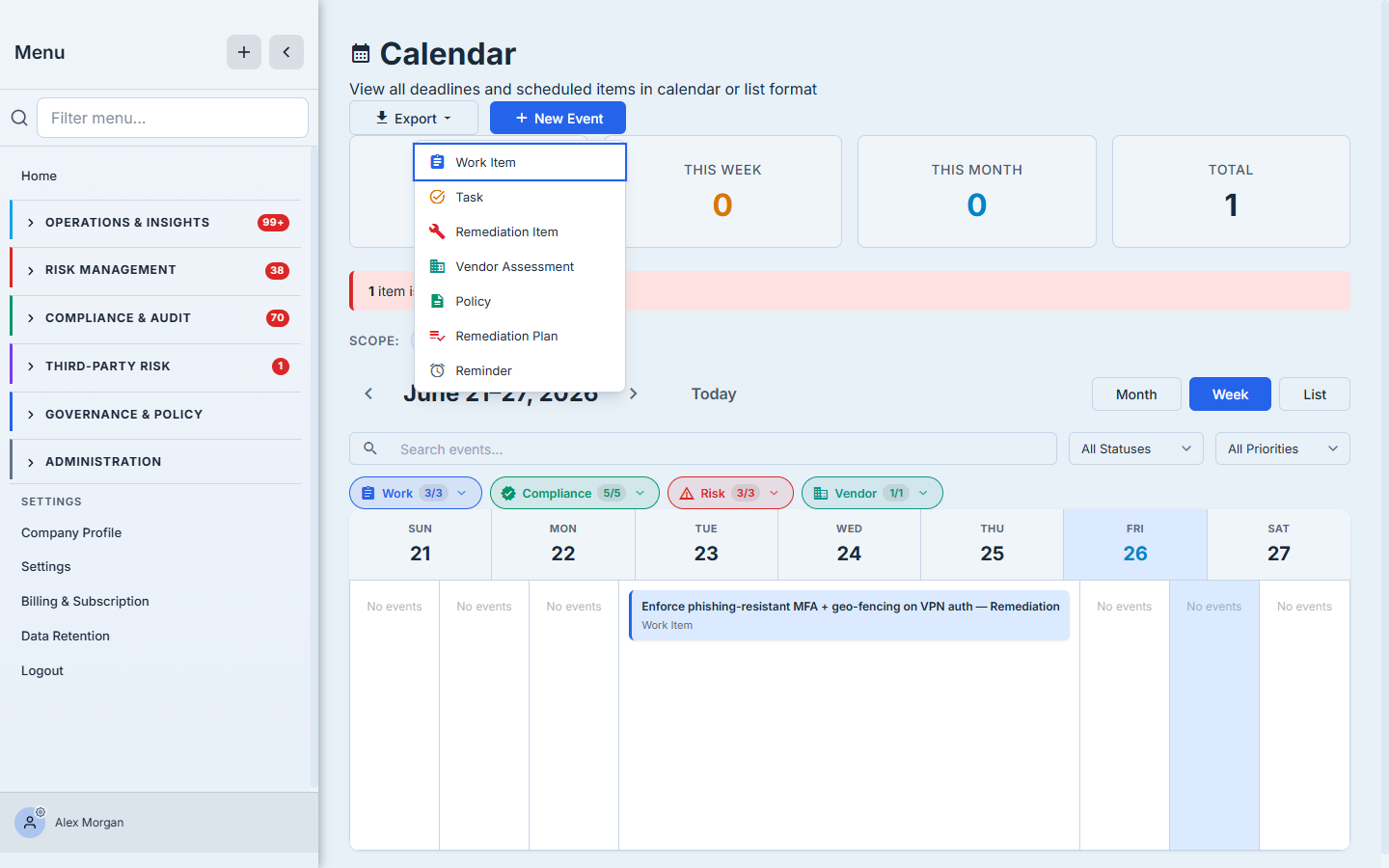The New Event menu open over the calendar — a typed list of items you can schedule directly: Work Item, Task, Remediation Item, Vendor Assessment, Policy, Remediation Plan, and Reminder.