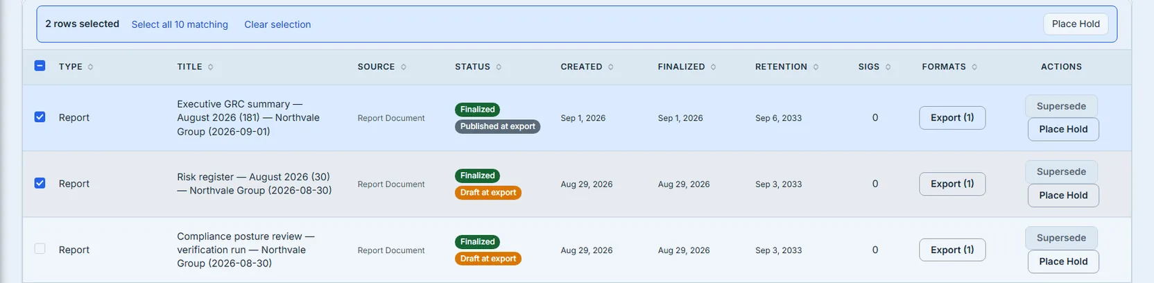 The bulk action bar, raised across the full width of the register once two rows are ticked, with the register's own header row and its first three rows visible beneath it. At the bar's left, "2 rows selected" beside the links "Select all 10 matching" and "Clear selection"; at its far right, a single action button, Place Hold — no other verb appears on the bar. Beneath it, the two checked rows and one unchecked row each still carry their own Supersede and Place Hold buttons in the Actions column, so the frame shows both halves of the asymmetry at once: the bar's narrower set above, the row's fuller set below.